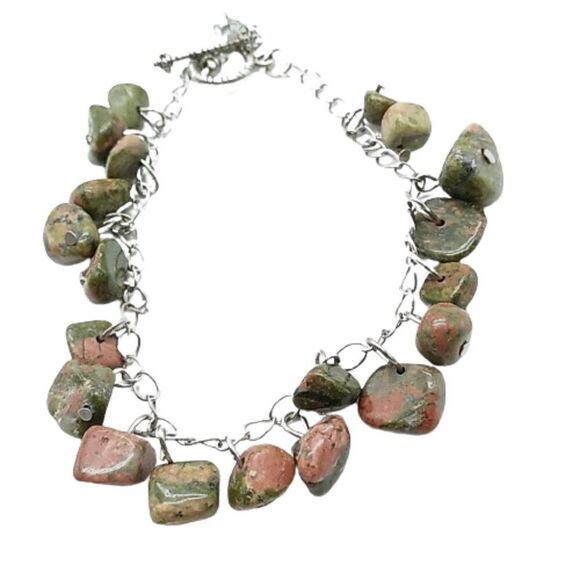 Artisan Unakite Jasper Bracelet Green Pink Stone Beads Silver Chain Toggle Clasp - Picture 11 of 13